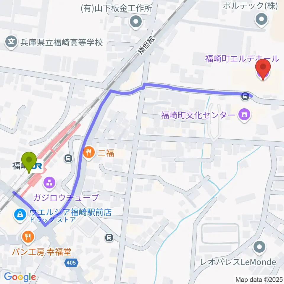 福崎町エルデホールの最寄駅福崎駅からの徒歩ルート（約7分）地図