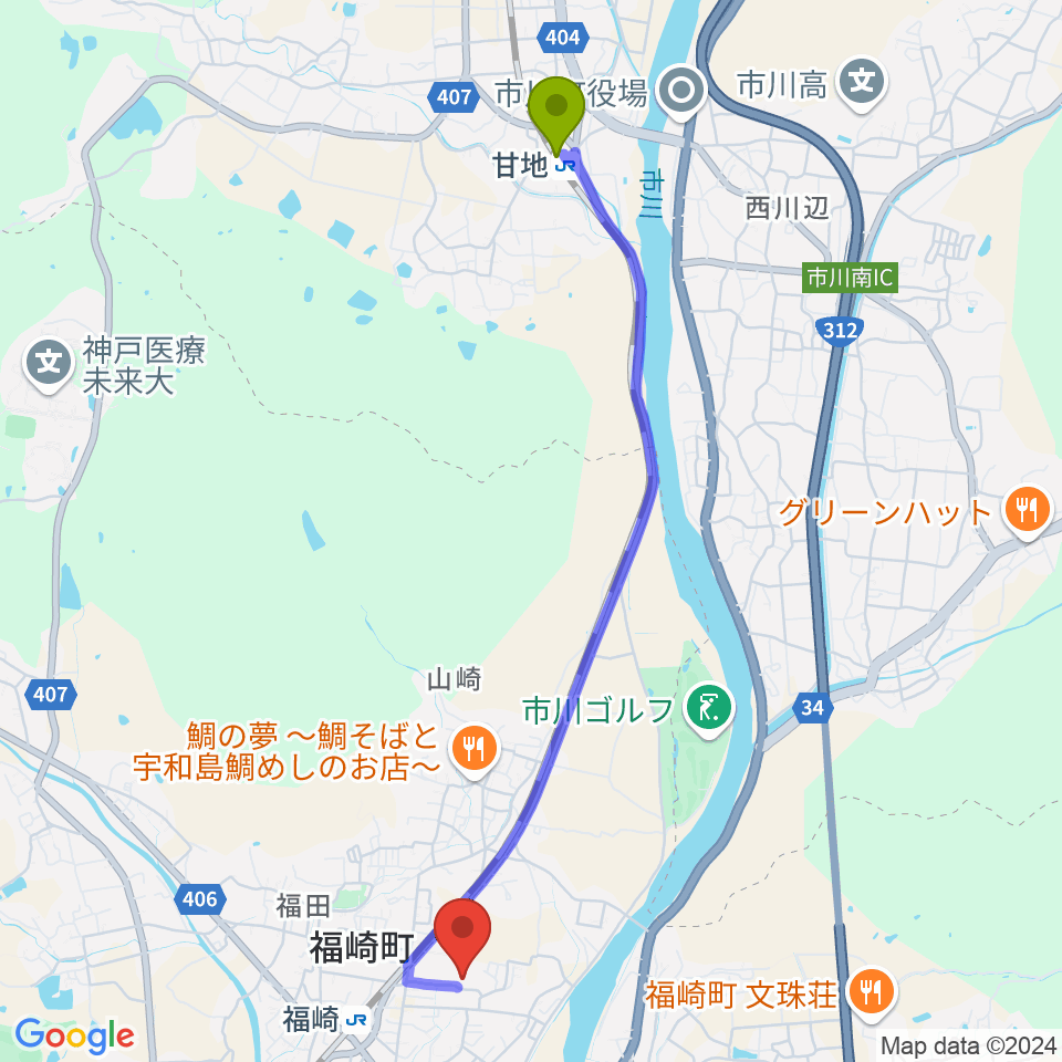 甘地駅から福崎町エルデホールへのルートマップ地図