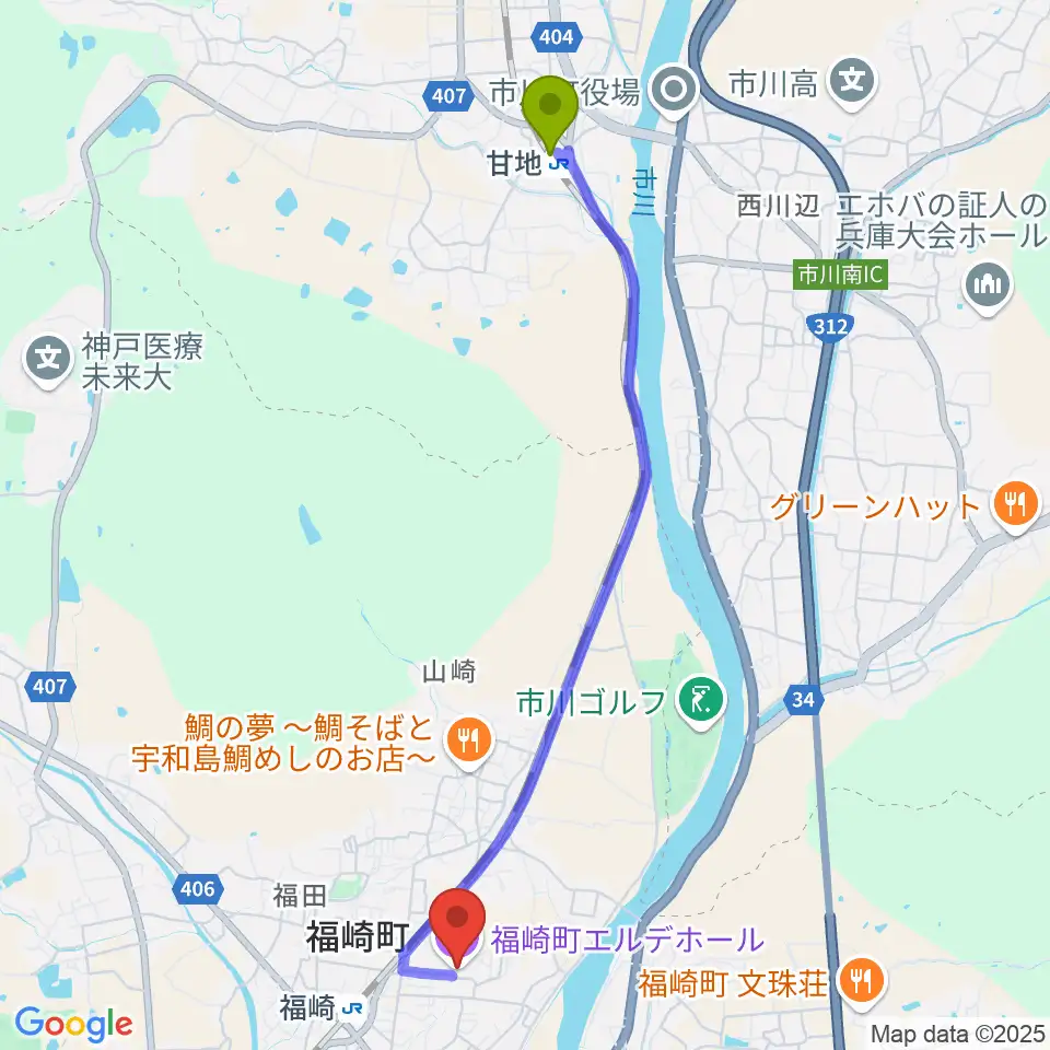 甘地駅から福崎町エルデホールへのルートマップ地図