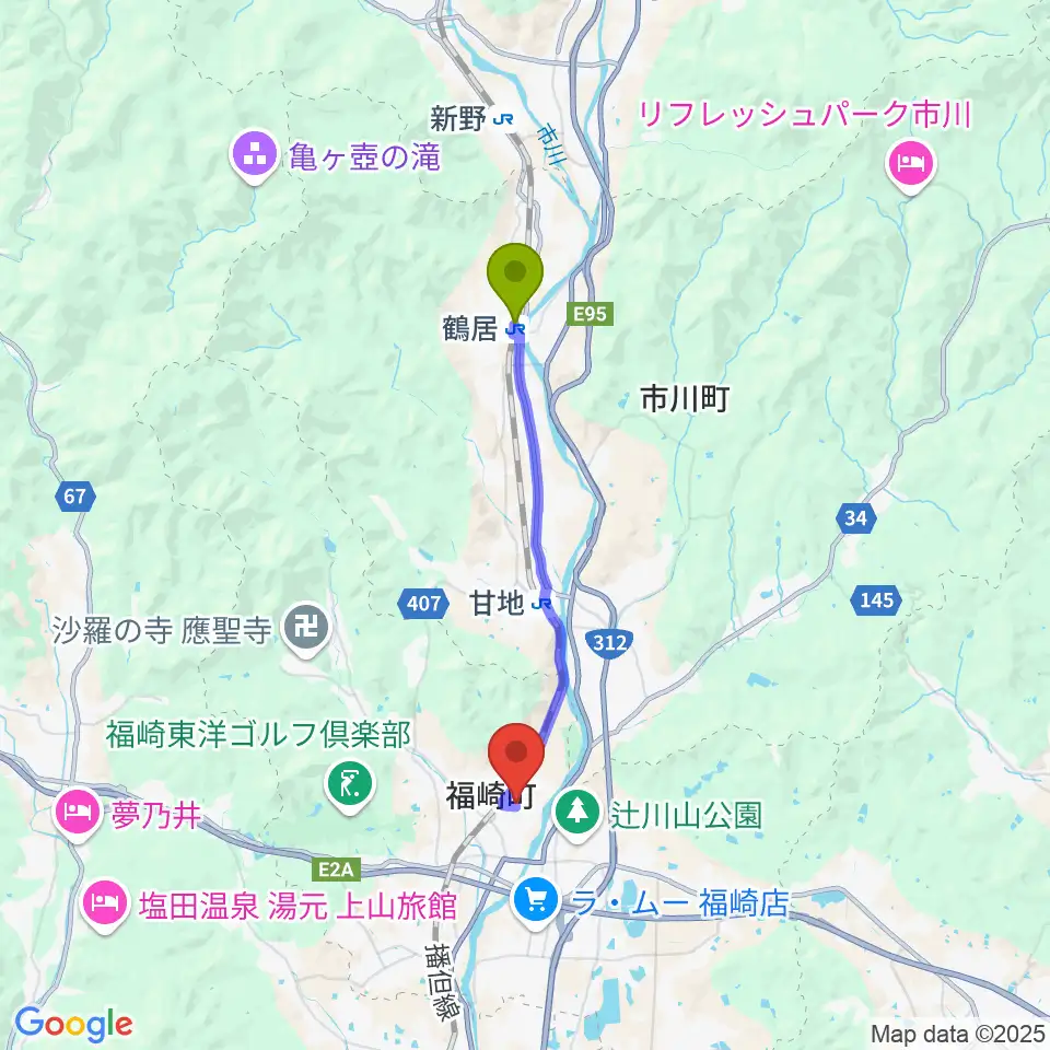 鶴居駅から福崎町エルデホールへのルートマップ地図