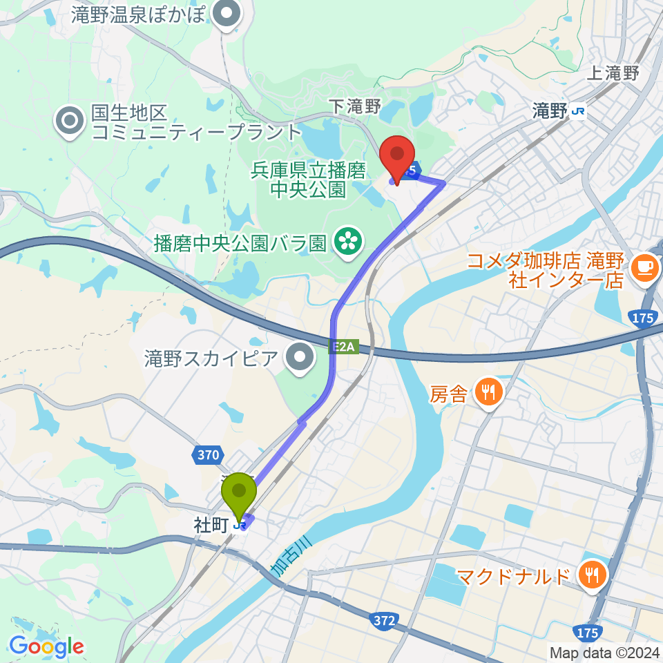 社町駅から加東市地域交流センターへのルートマップ地図