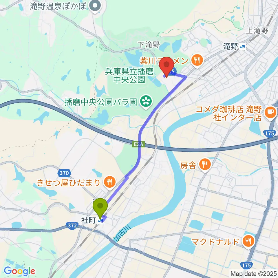 社町駅から加東市地域交流センターへのルートマップ地図