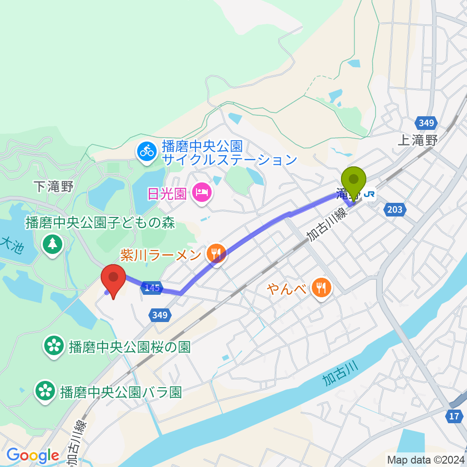 加東市地域交流センターの最寄駅滝野駅からの徒歩ルート（約17分）地図