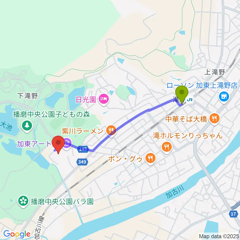 加東市地域交流センターの最寄駅滝野駅からの徒歩ルート（約17分）地図