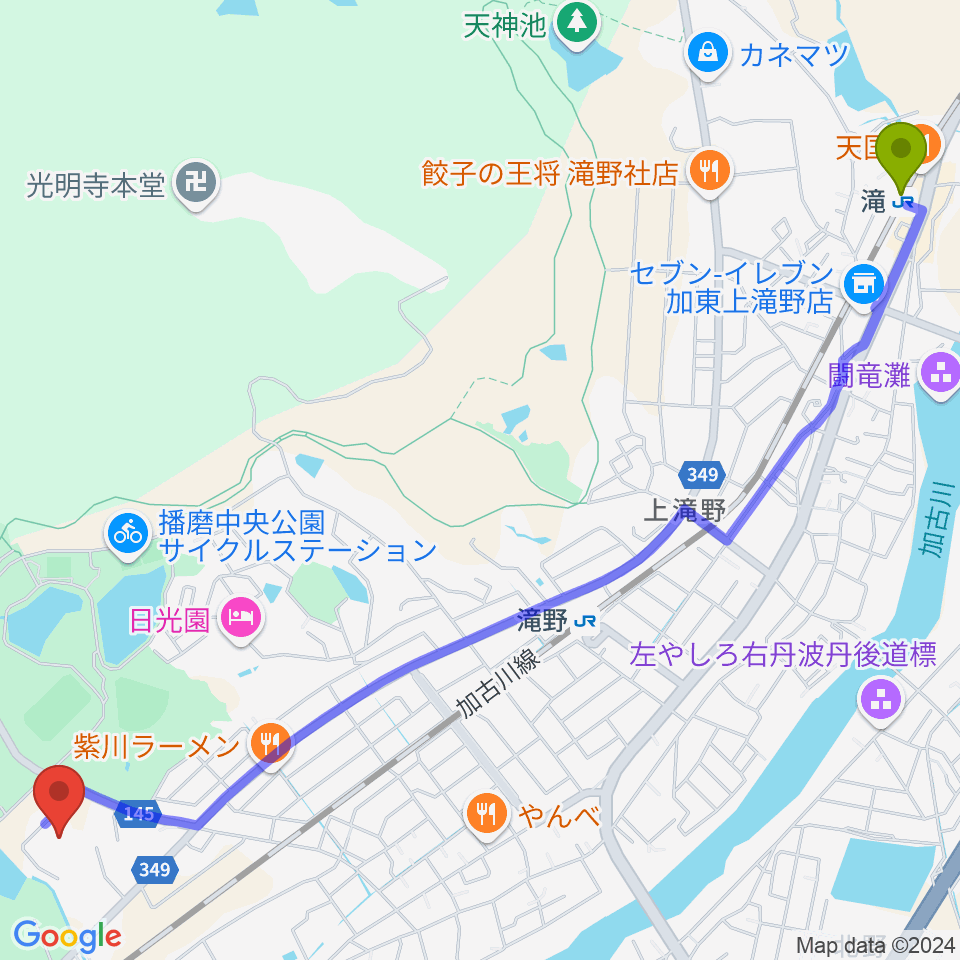 滝駅から加東市地域交流センターへのルートマップ地図