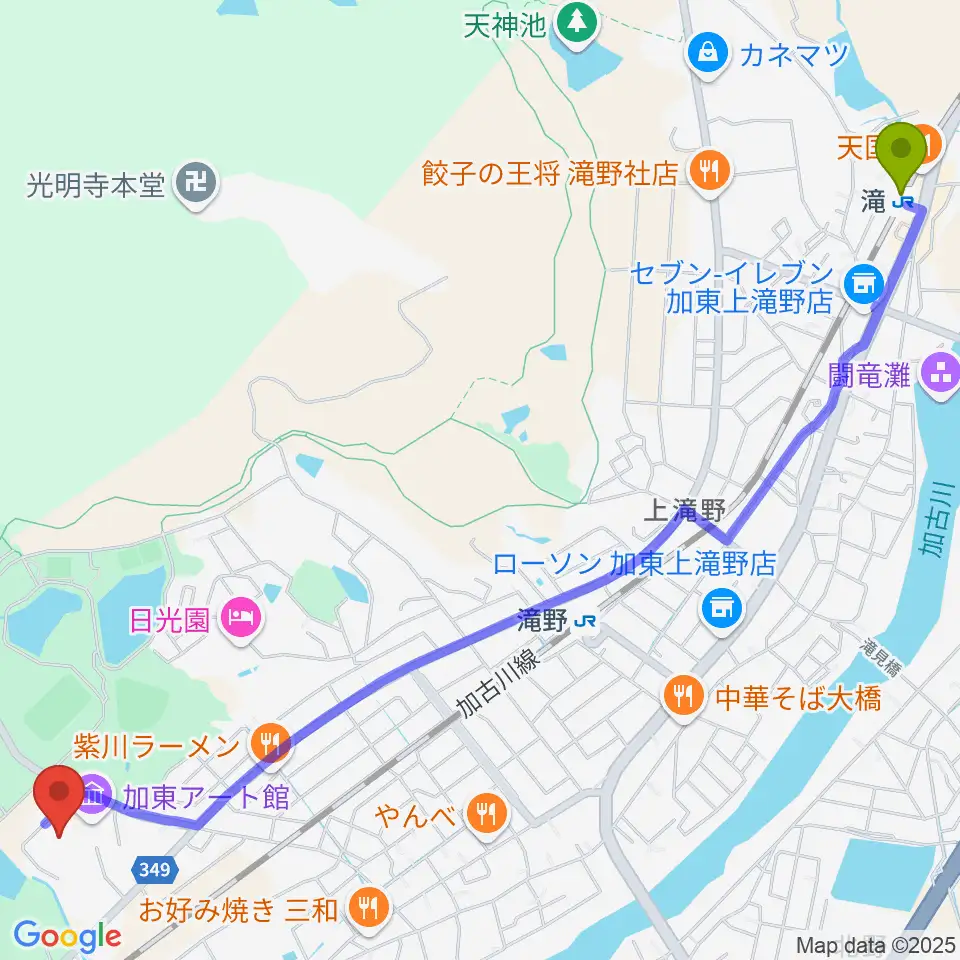 滝駅から加東市地域交流センターへのルートマップ地図