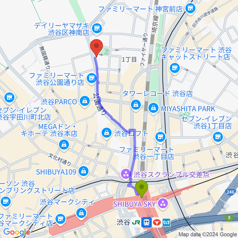 エル・スール・レコーズの最寄駅渋谷駅からの徒歩ルート（約10分）地図