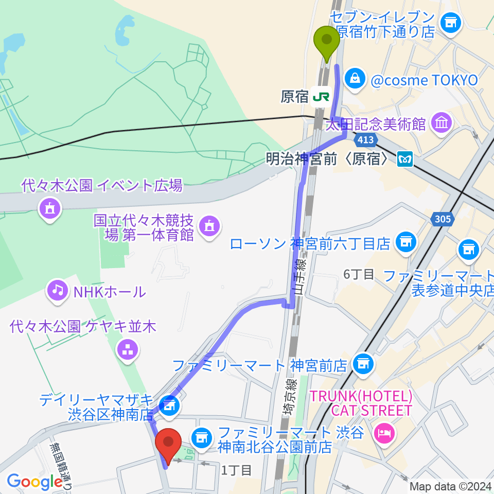 原宿駅からエル・スール・レコーズへのルートマップ地図