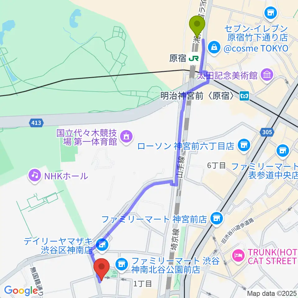 原宿駅からエル・スール・レコーズへのルートマップ地図