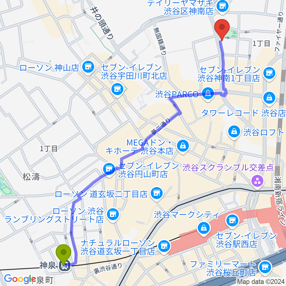 神泉駅からエル・スール・レコーズへのルートマップ地図