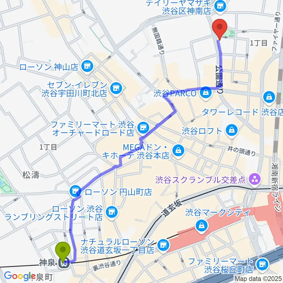 神泉駅からエル・スール・レコーズへのルートマップ地図