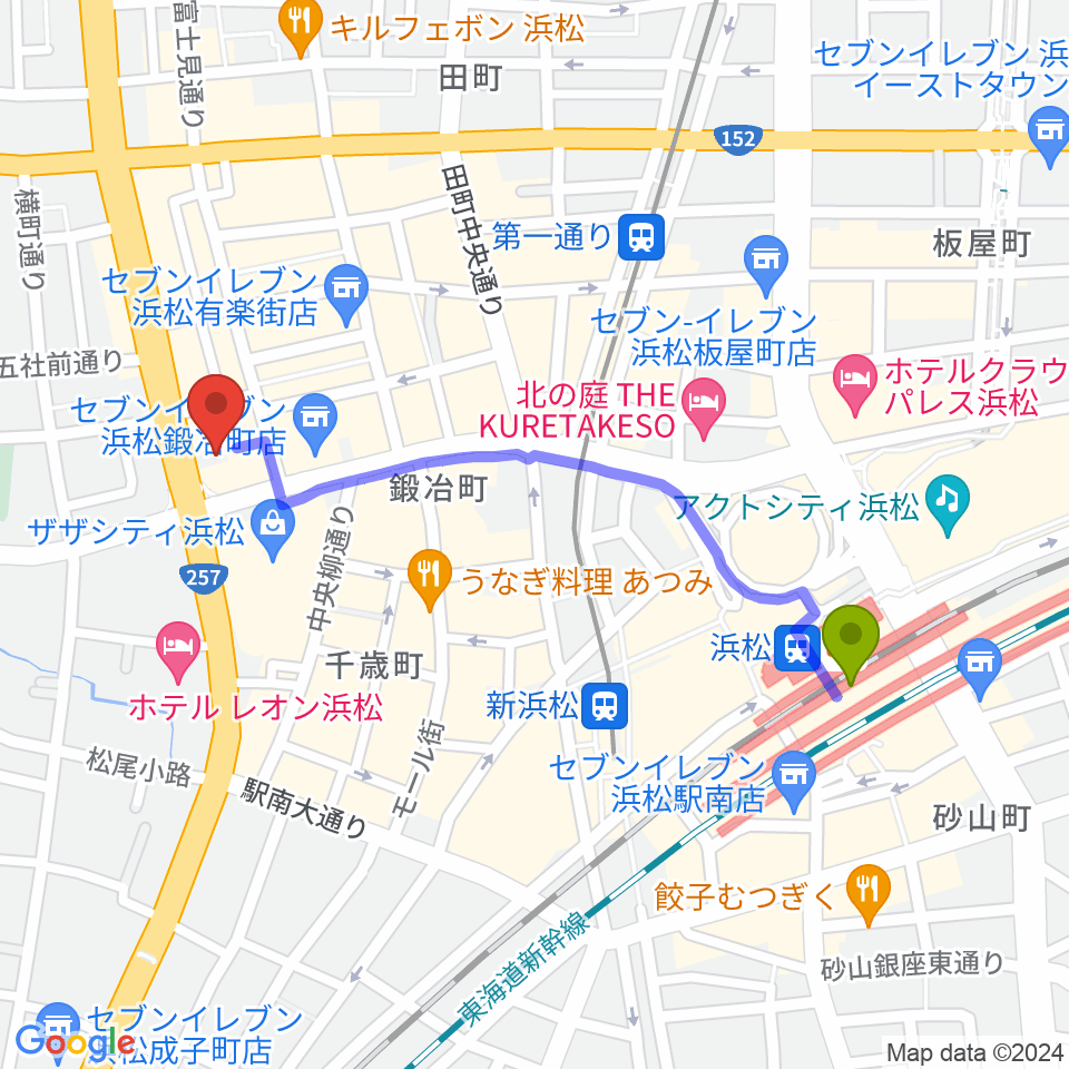 浜松駅からSOUL CLAPへのルートマップ地図