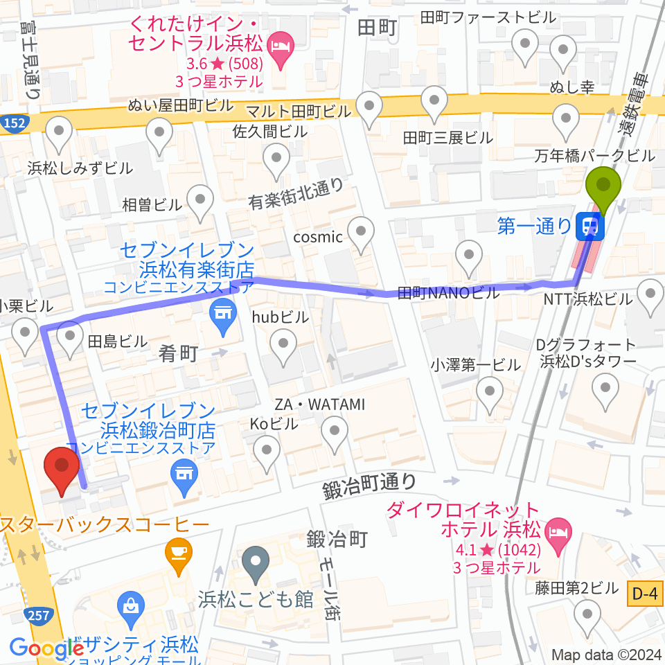 SOUL CLAPの最寄駅第一通り駅からの徒歩ルート（約7分）地図