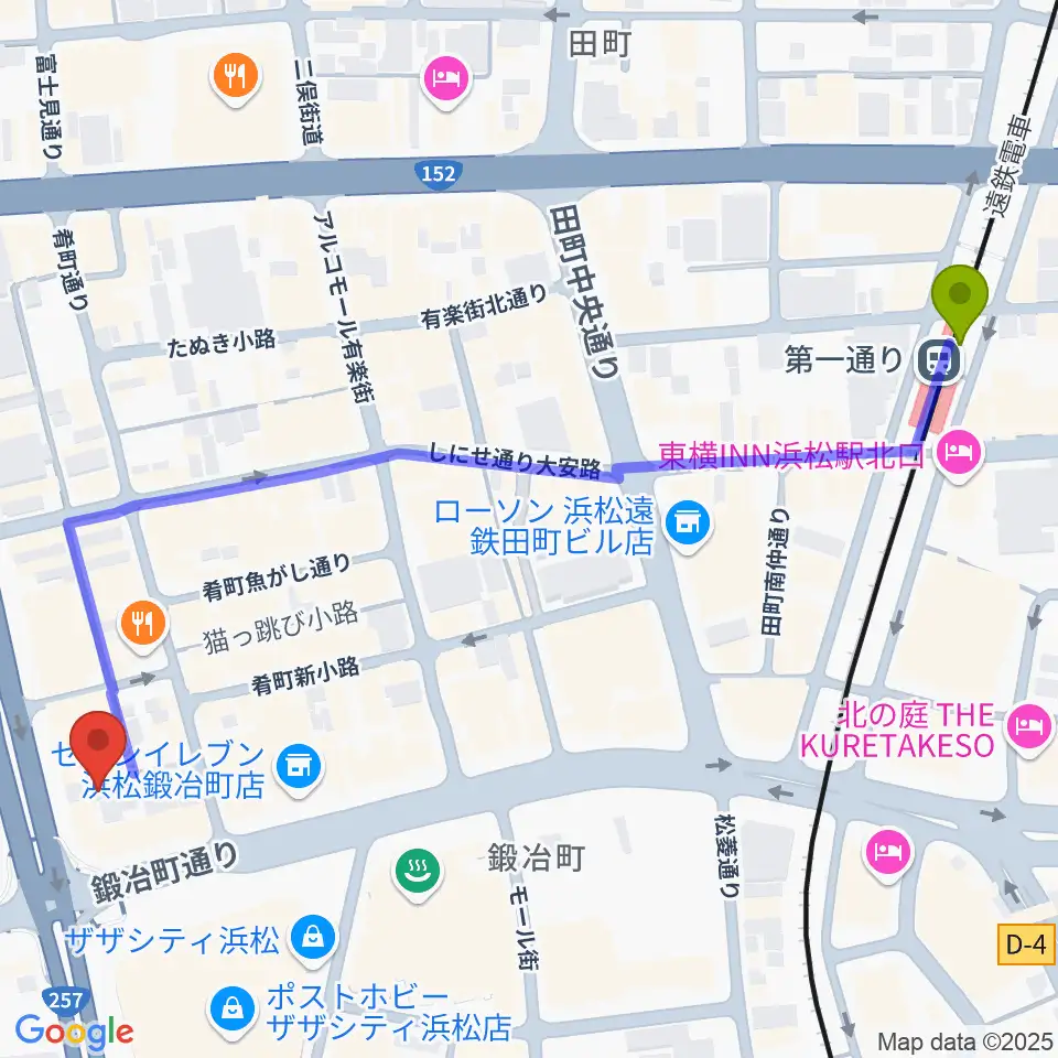 SOUL CLAPの最寄駅第一通り駅からの徒歩ルート（約7分）地図