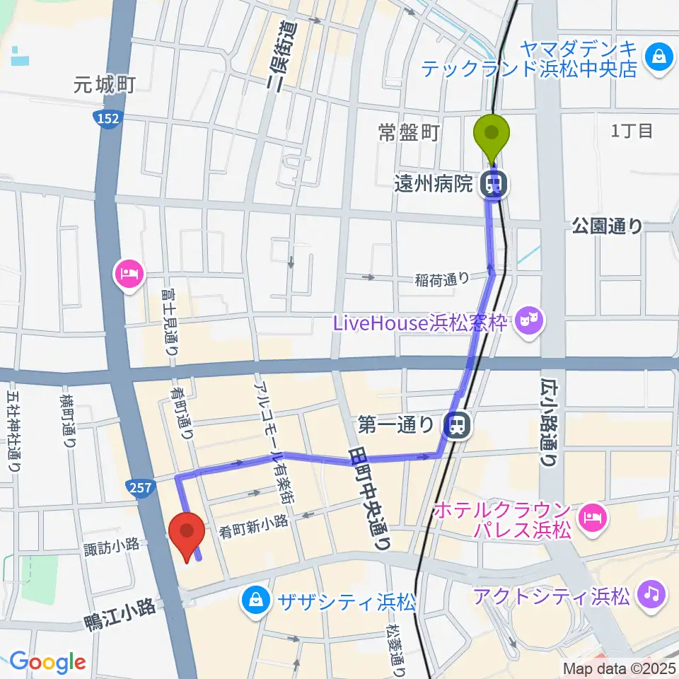 遠州病院駅からSOUL CLAPへのルートマップ地図