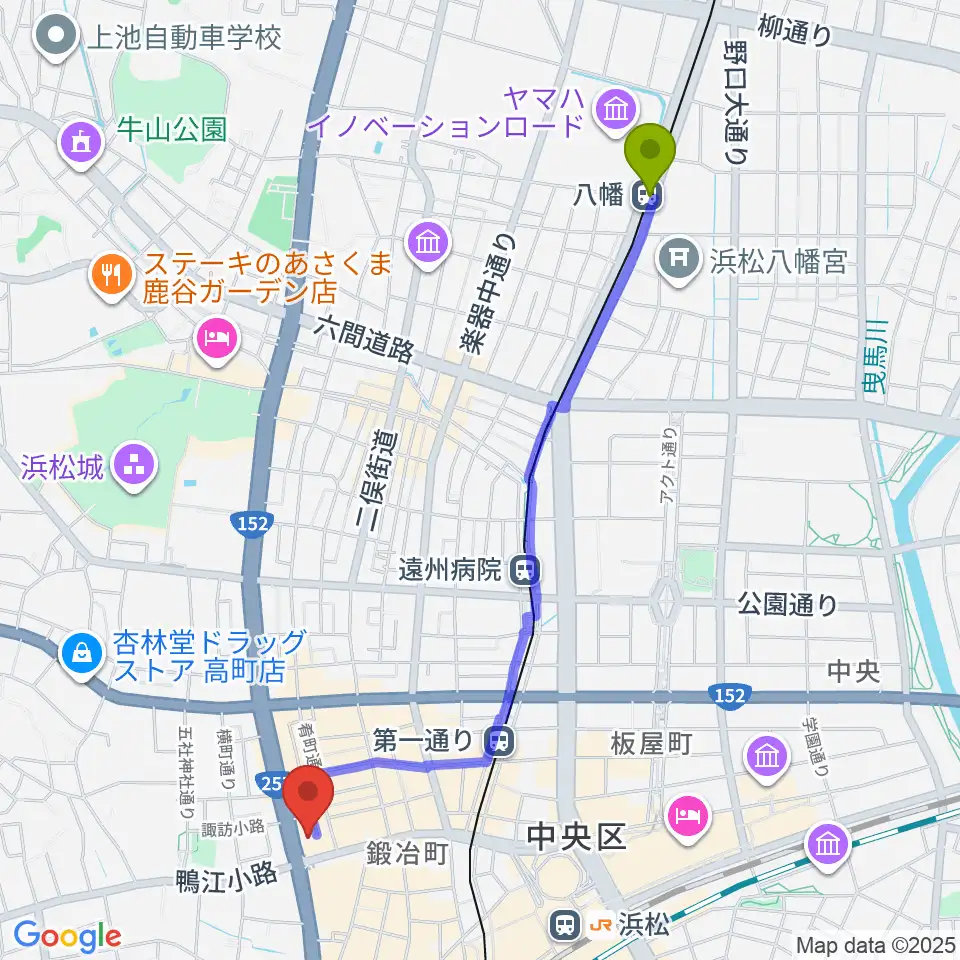 八幡駅からSOUL CLAPへのルートマップ地図