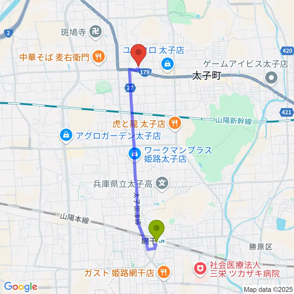 丸尾建築あすかホールの最寄駅網干駅からの徒歩ルート（約38分）地図