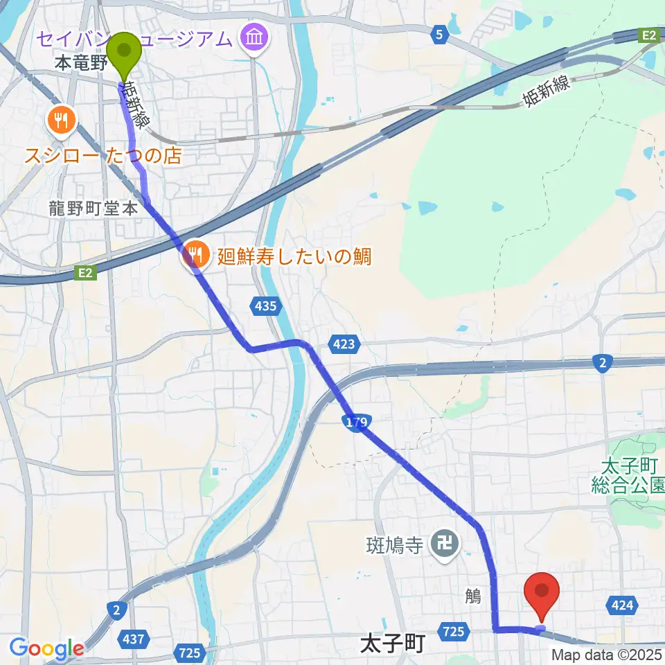 本竜野駅から丸尾建築あすかホールへのルートマップ地図