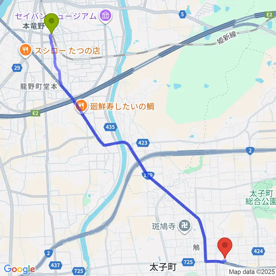 本竜野駅から丸尾建築あすかホールへのルートマップ地図