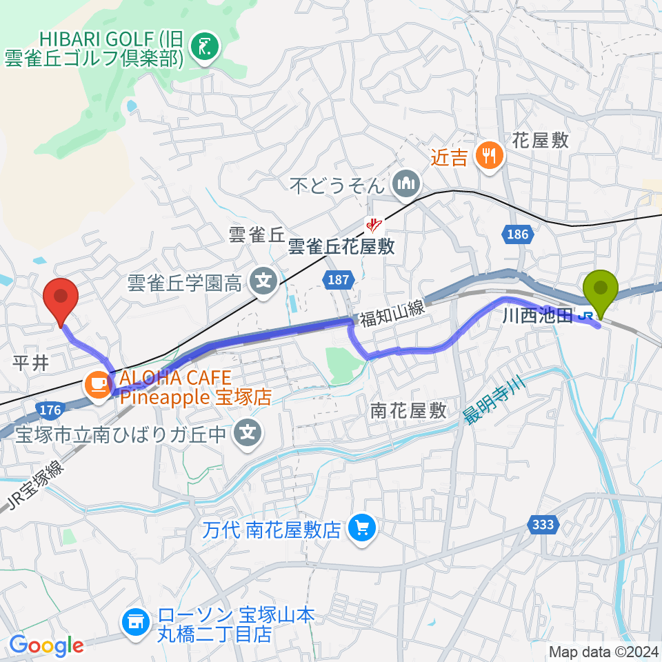 川西池田駅からヴァイオリン教室ゆみこせんせいへのルートマップ地図