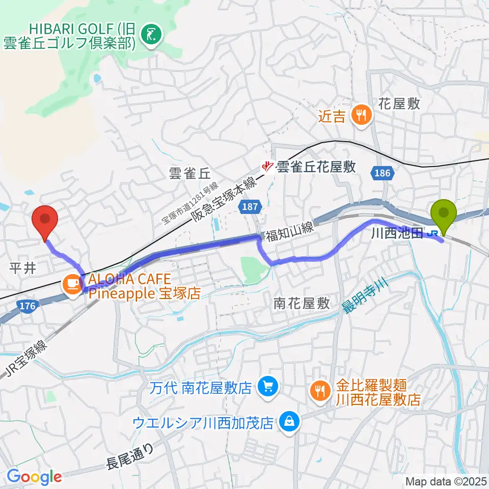 川西池田駅からヴァイオリン教室ゆみこせんせいへのルートマップ地図