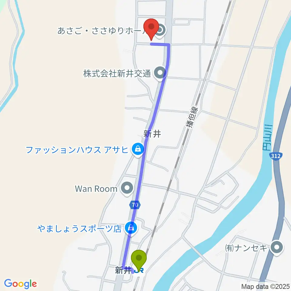 あさご・ささゆりホールの最寄駅新井駅からの徒歩ルート（約12分）地図