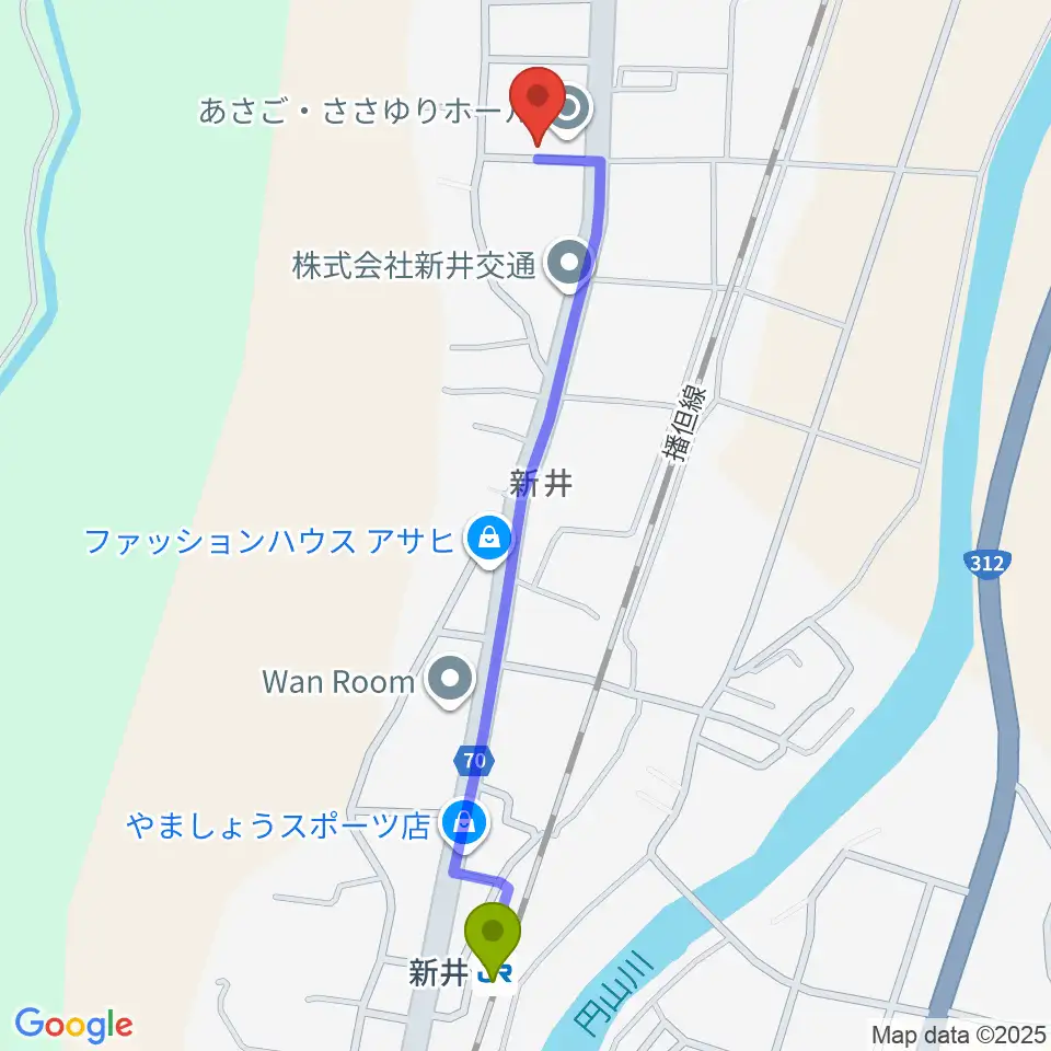 あさご・ささゆりホールの最寄駅新井駅からの徒歩ルート（約12分）地図