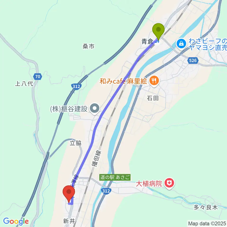 青倉駅からあさご・ささゆりホールへのルートマップ地図