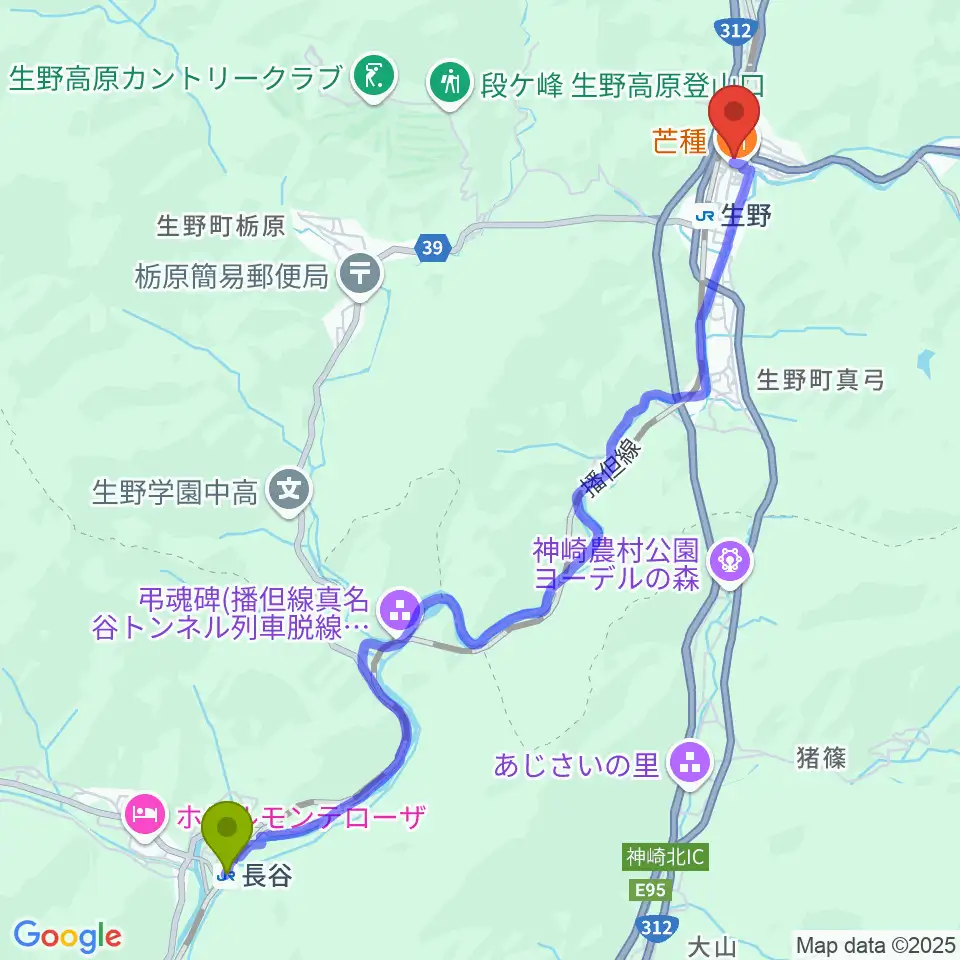長谷駅から生野マインホールへのルートマップ地図