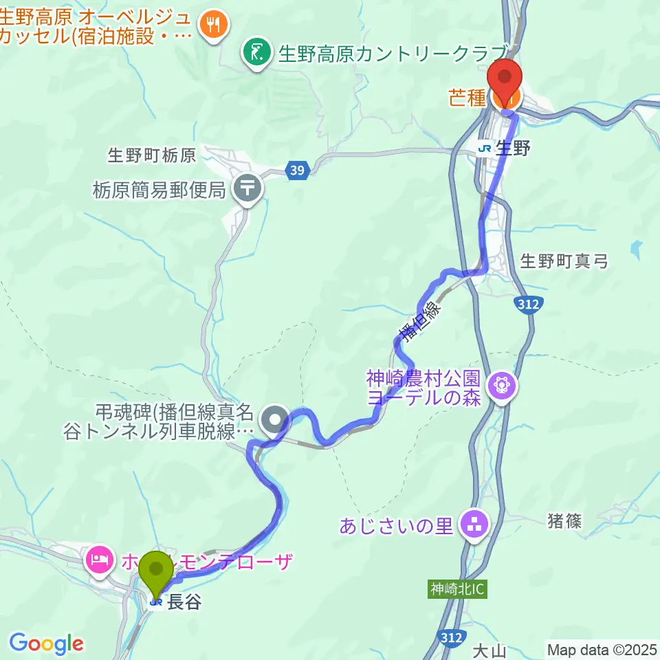 長谷駅から生野マインホールへのルートマップ地図