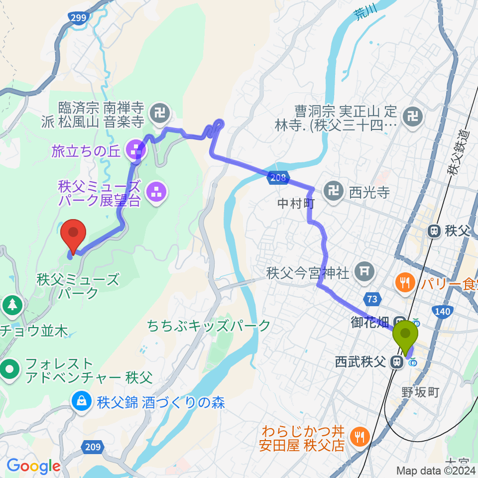 西武秩父駅から秩父ミューズパーク音楽堂へのルートマップ地図