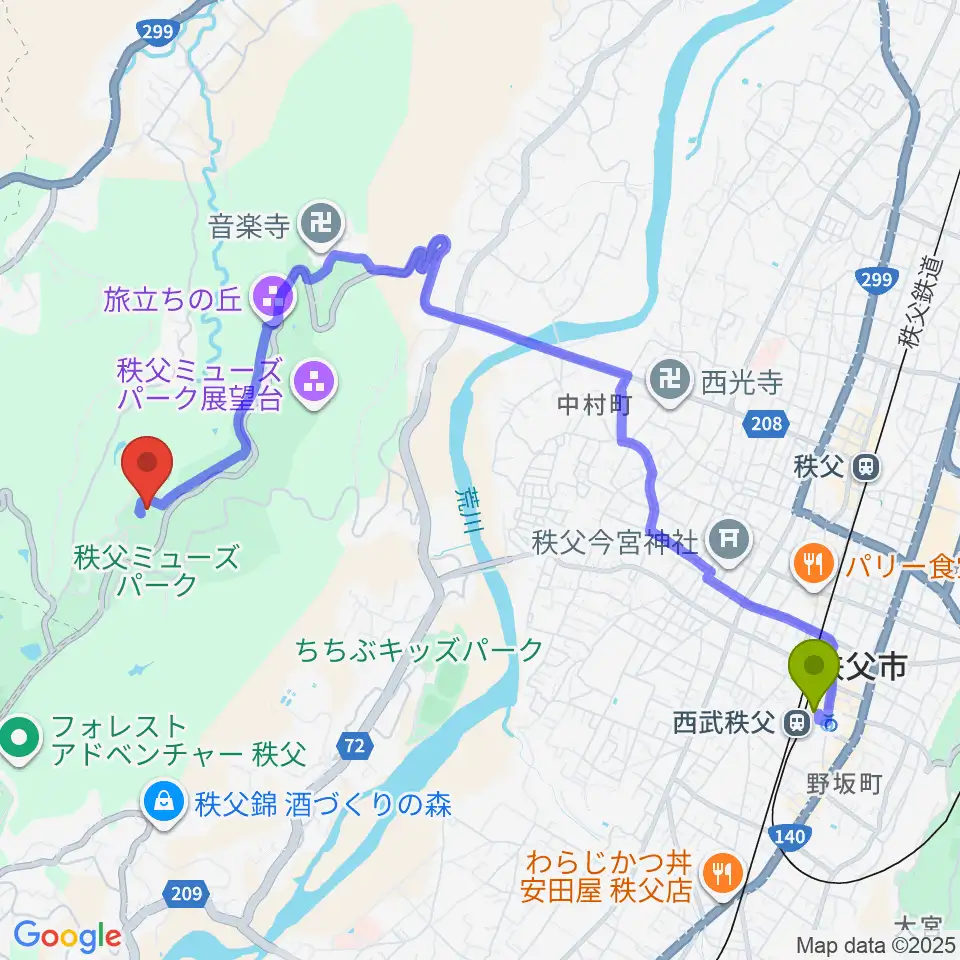 西武秩父駅から秩父ミューズパークへのルートマップ地図