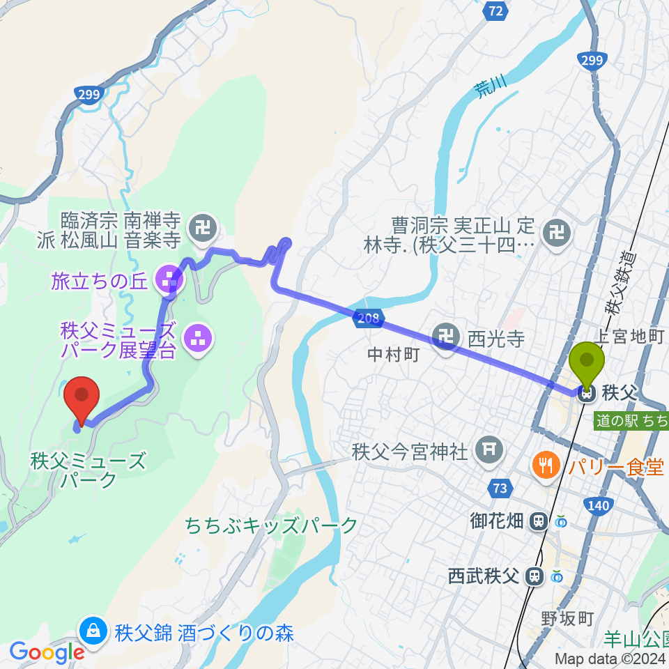 秩父駅から秩父ミューズパーク音楽堂へのルートマップ地図