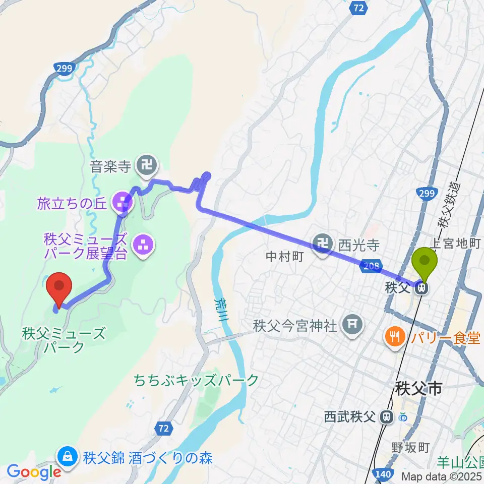 秩父駅から秩父ミューズパークへのルートマップ地図