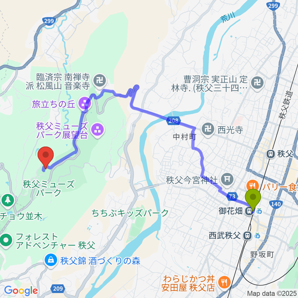 秩父ミューズパーク音楽堂の最寄駅御花畑駅からの徒歩ルート（約44分）地図