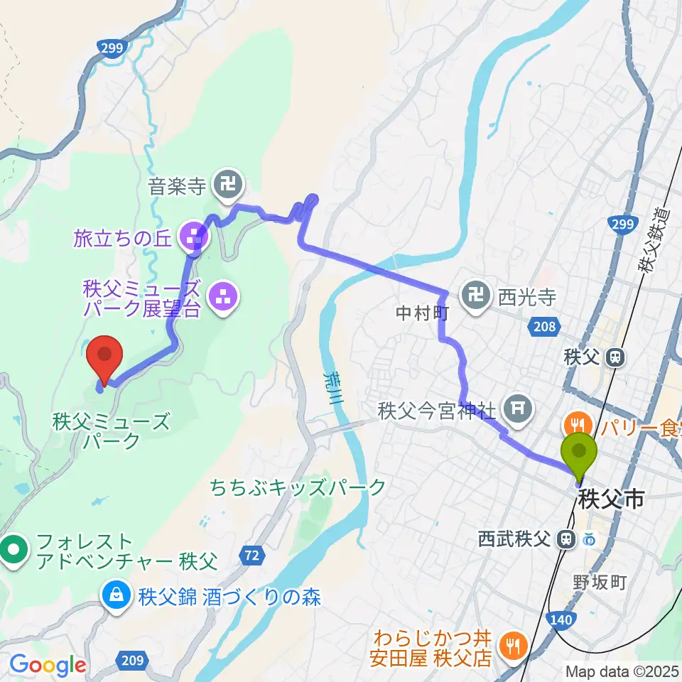 秩父ミューズパークの最寄駅御花畑駅からの徒歩ルート（約44分）地図