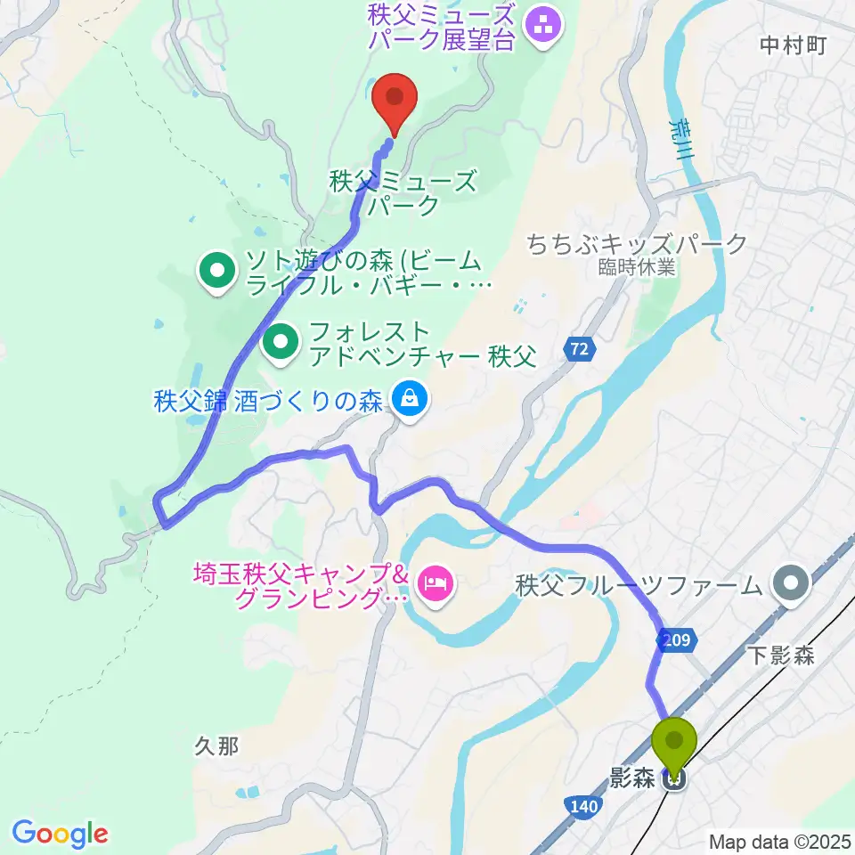影森駅から秩父ミューズパーク音楽堂へのルートマップ地図