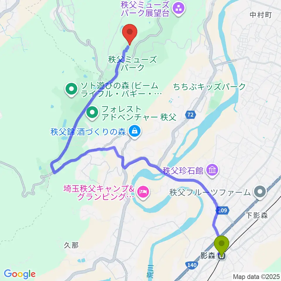 影森駅から秩父ミューズパークへのルートマップ地図