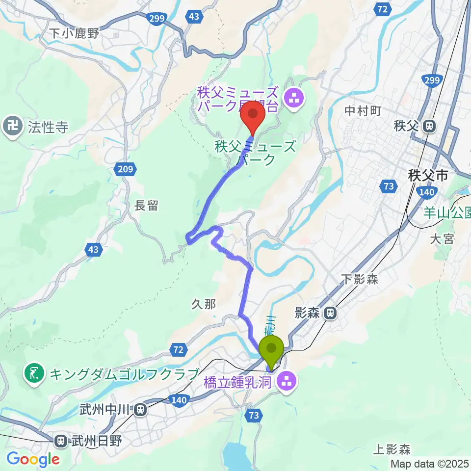 浦山口駅から秩父ミューズパーク音楽堂へのルートマップ地図