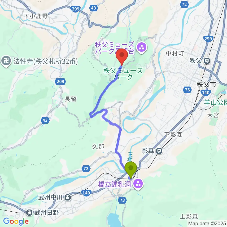 浦山口駅から秩父ミューズパークへのルートマップ地図
