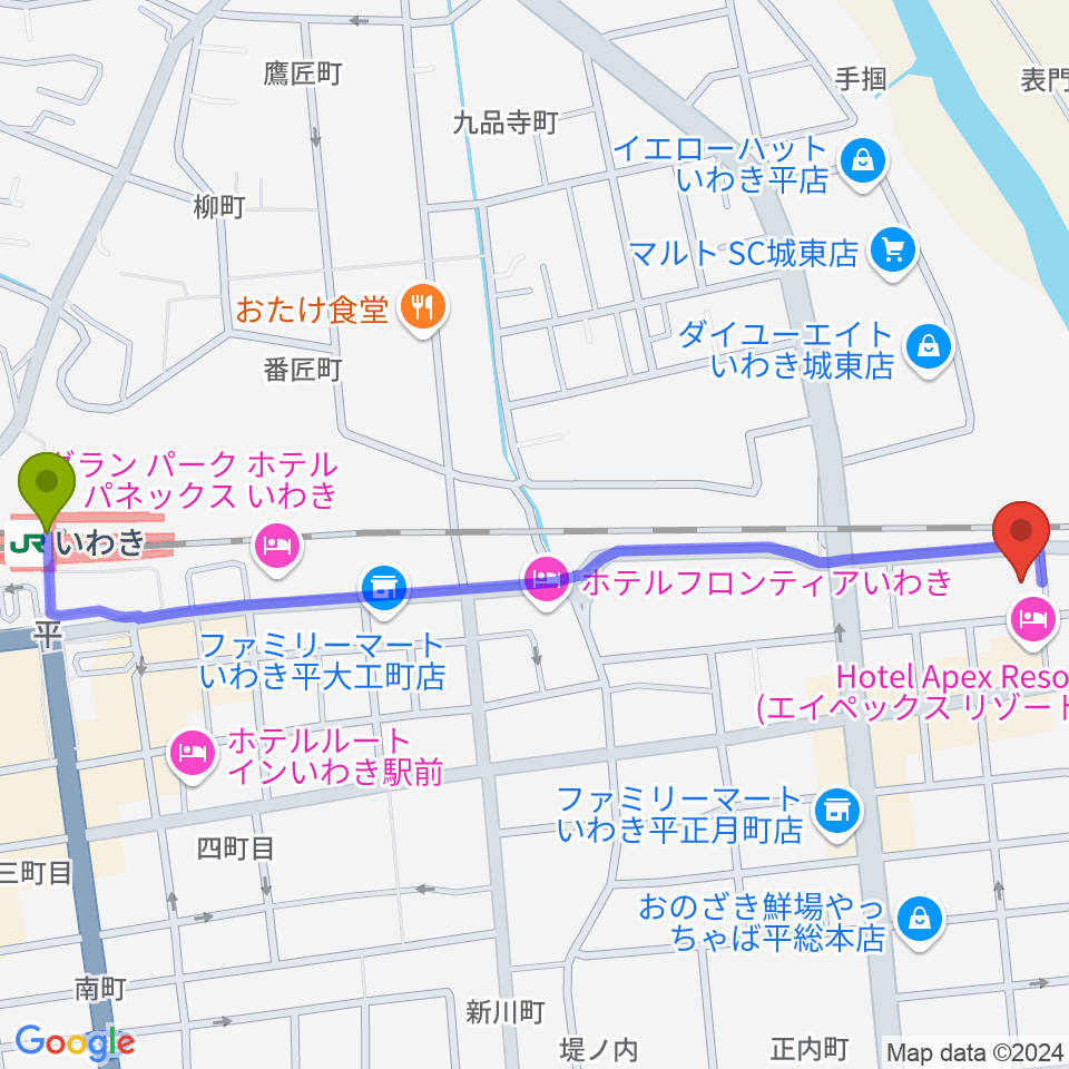 いわきPITの最寄駅いわき駅からの徒歩ルート（約14分）地図