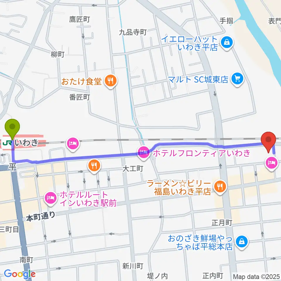 いわきPITの最寄駅いわき駅からの徒歩ルート（約14分）地図