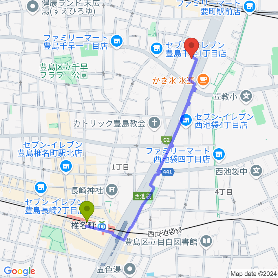 椎名町駅からGG学院へのルートマップ地図