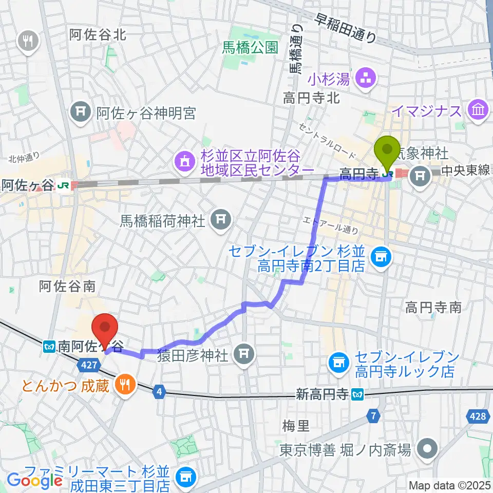 高円寺駅からLAST GUITAR（ラストギター）へのルートマップ地図