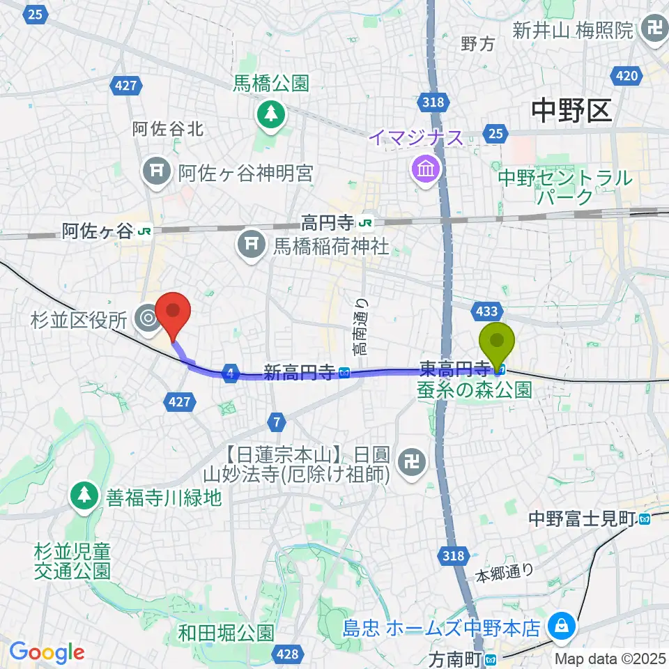 東高円寺駅からLAST GUITAR（ラストギター）へのルートマップ地図