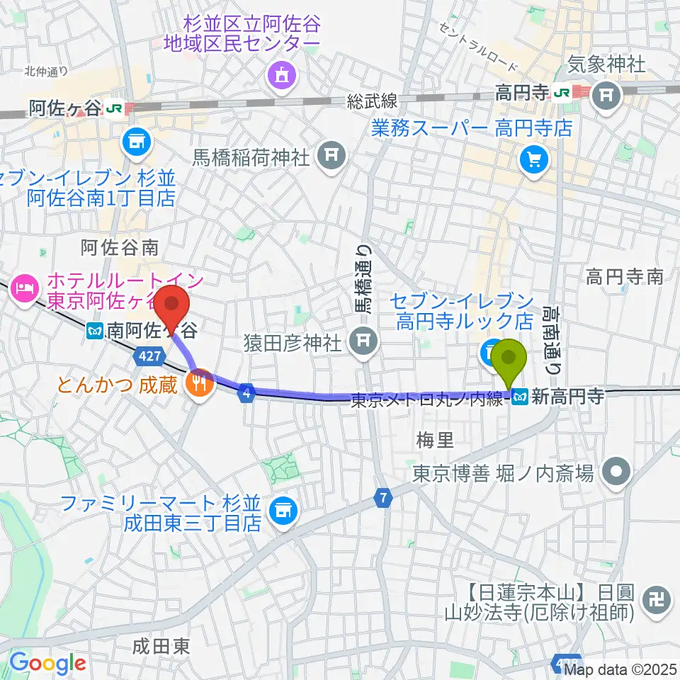 新高円寺駅からLAST GUITAR（ラストギター）へのルートマップ地図