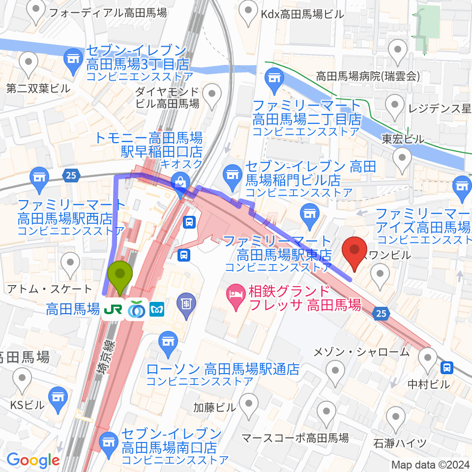 高田馬場イントロの最寄駅高田馬場駅からの徒歩ルート（約4分）地図