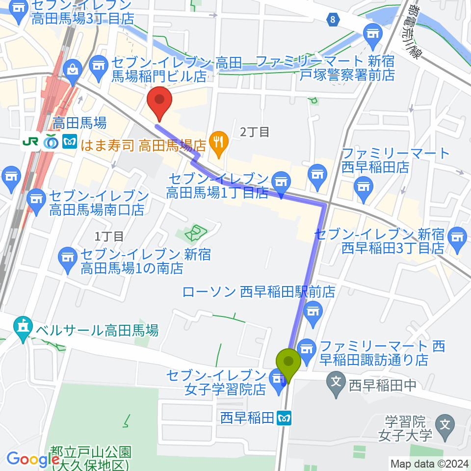 西早稲田駅から高田馬場イントロへのルートマップ地図
