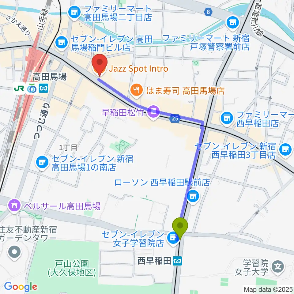 西早稲田駅から高田馬場イントロへのルートマップ地図