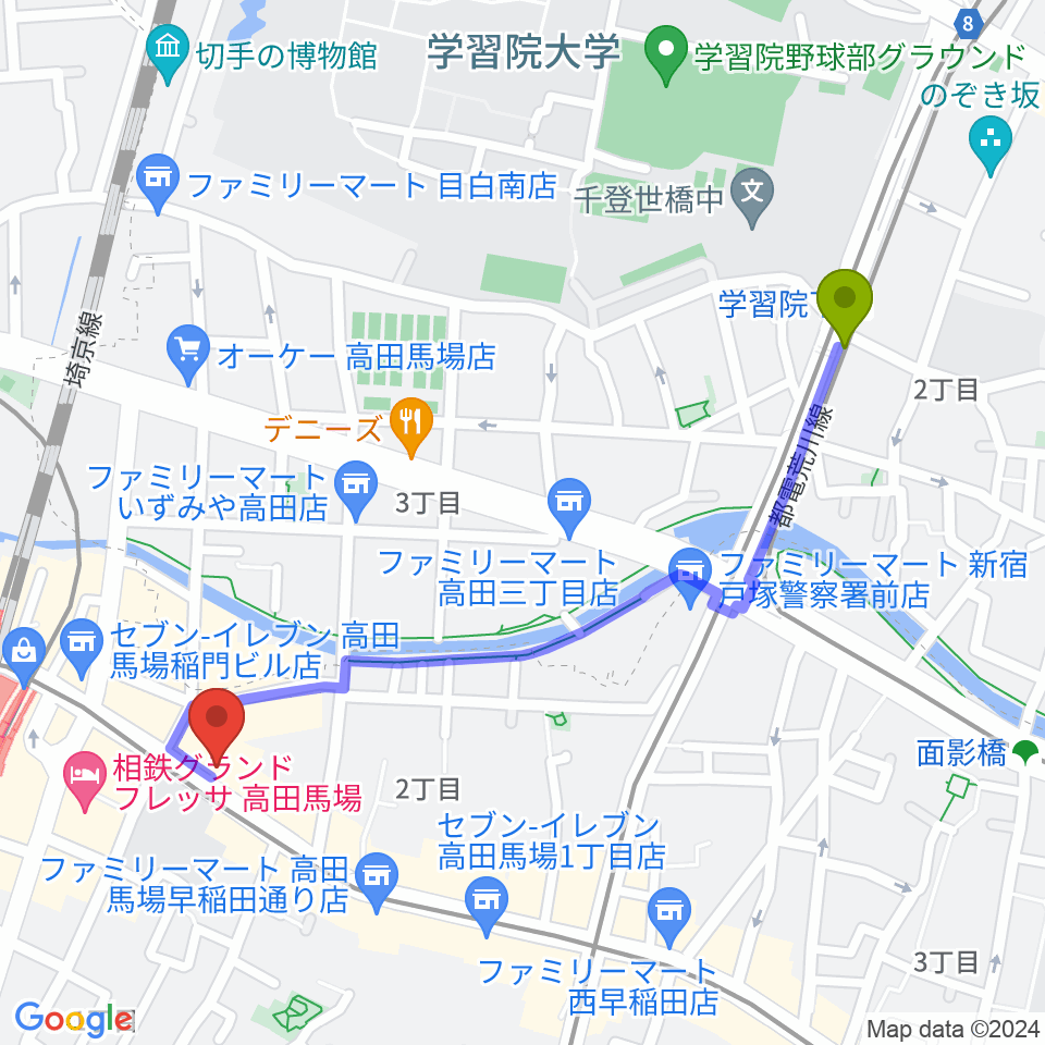 学習院下駅から高田馬場イントロへのルートマップ地図